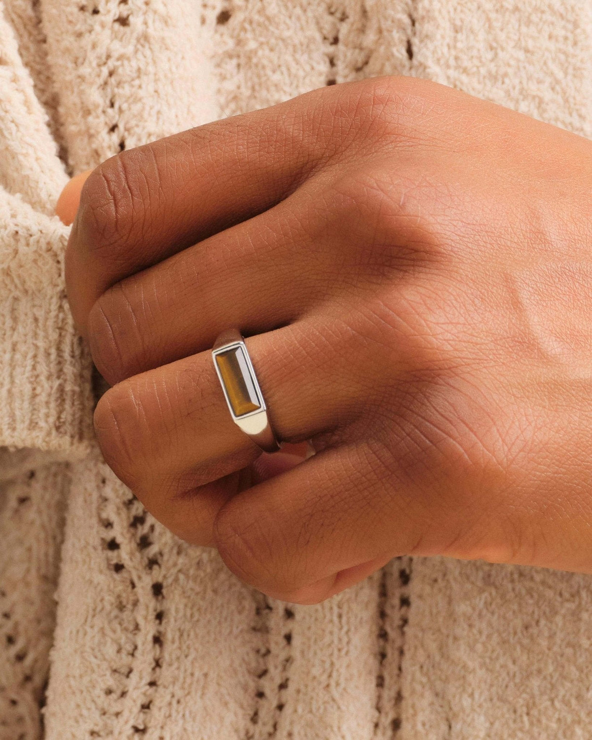 Beveled Tiger's Eye Signet Ring Silver