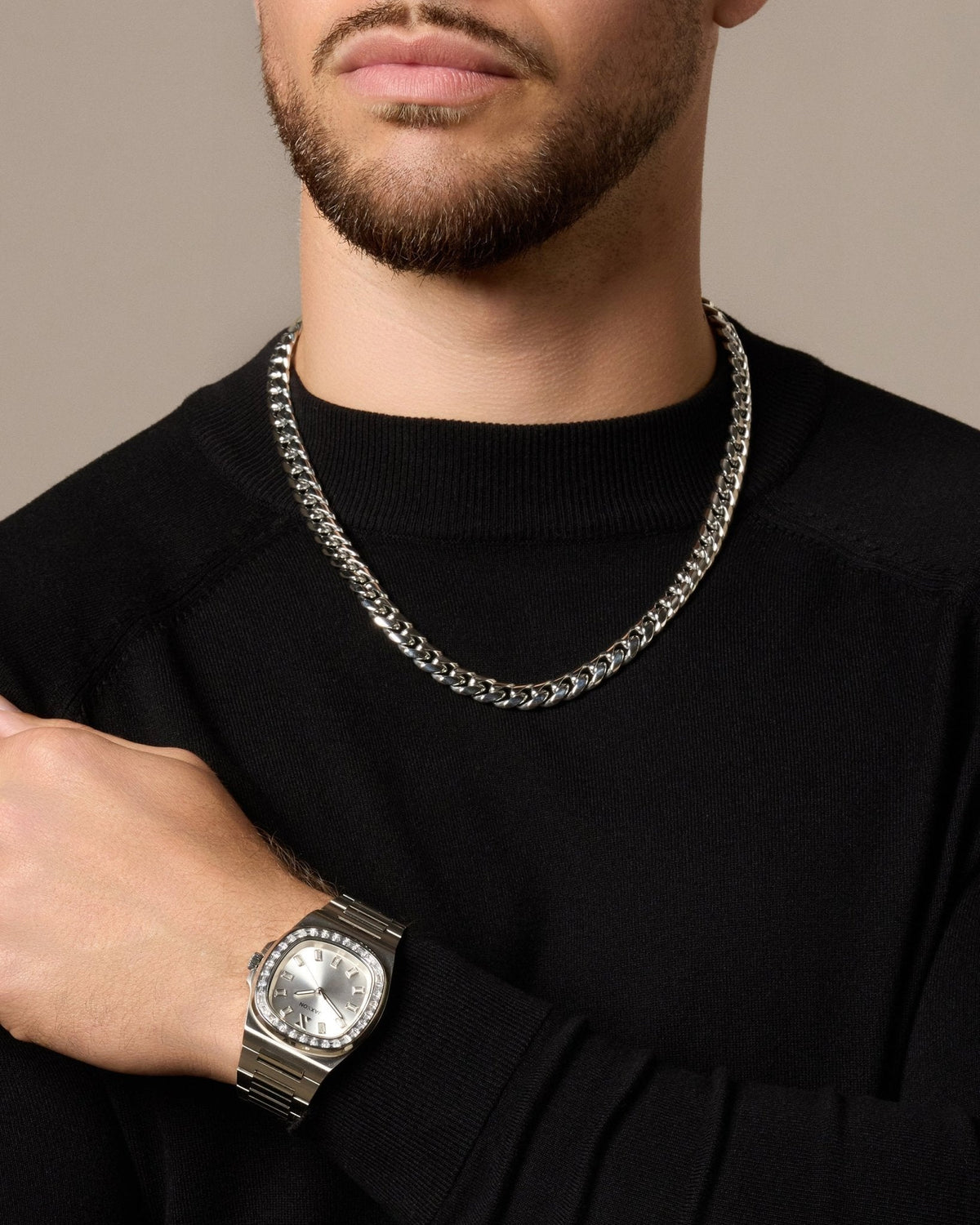 JX1 Automatic Set Bezel Watch + Cuban Link Chain 10mm