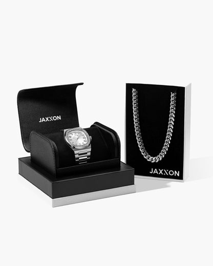 JX1 Automatic Set Bezel Watch + Cuban Link Chain 10mm